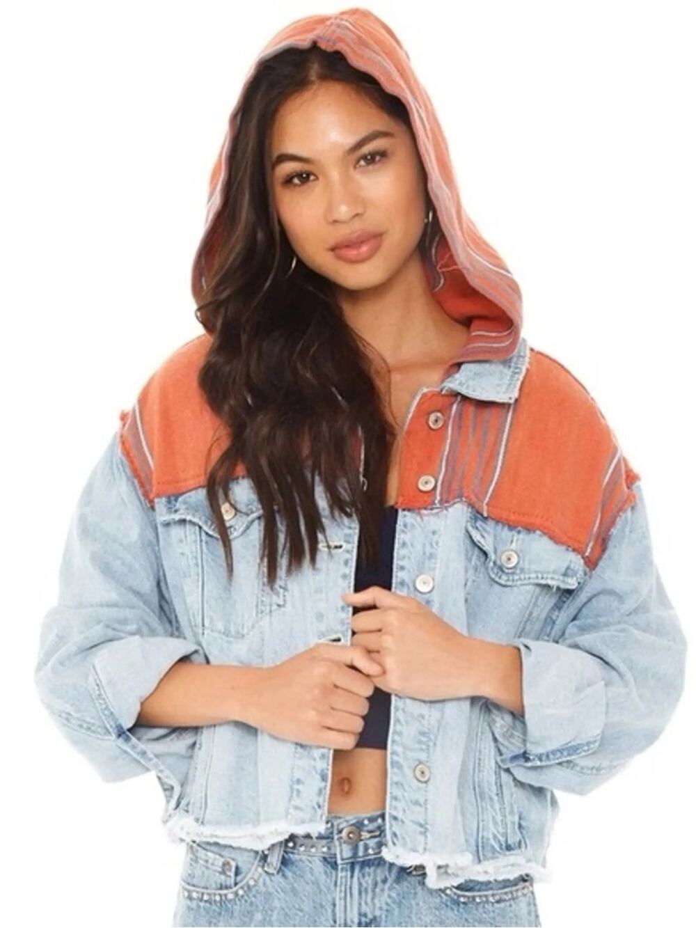 Free People Oversized Baja Hooded Denim Jacket In Baja Wash Size Medium Coastal - Picture 1 of 13